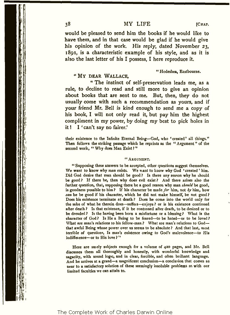 Wallace, A. R. 1905. My life: A record of events and opinions. London:  Chapman and Hall. Volume 2.