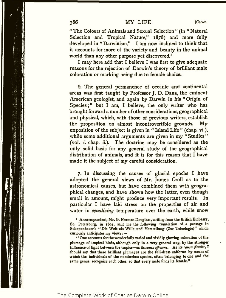 Wallace, A. R. 1905. My life: A record of events and opinions. London:  Chapman and Hall. Volume 2.