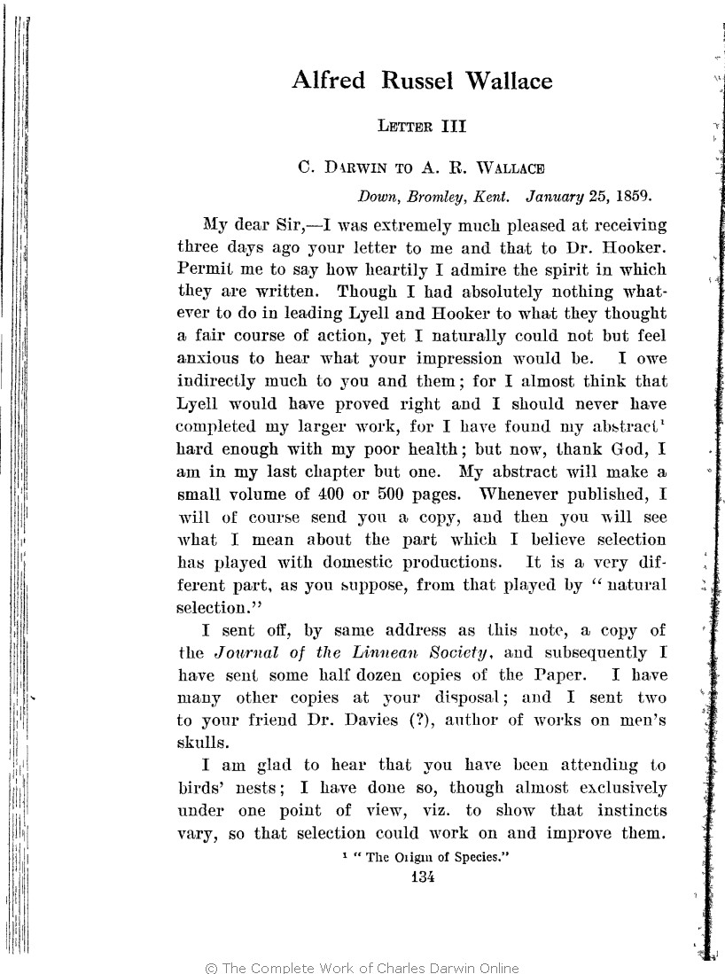 Marchant, James ed. 1916. Alfred Russel Wallace letters and reminiscences.  London: Cassell. Volume 1.