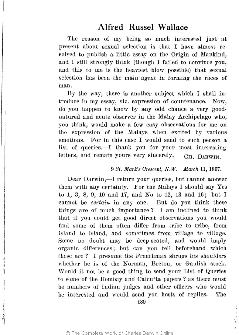 Marchant, James ed. 1916. Alfred Russel Wallace letters and reminiscences.  London: Cassell. Volume 1.