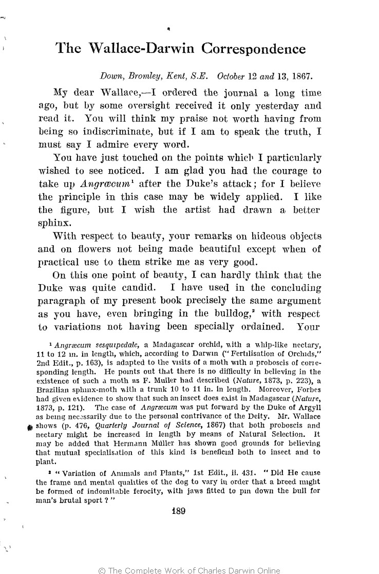 Marchant, James ed. 1916. Alfred Russel Wallace letters and reminiscences.  London: Cassell. Volume 1.