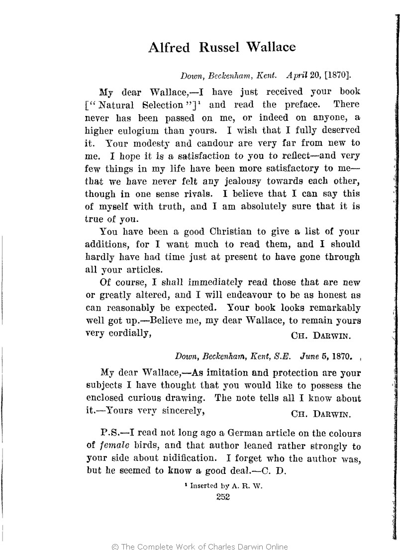 Marchant, James ed. 1916. Alfred Russel Wallace letters and reminiscences.  London: Cassell. Volume 1.