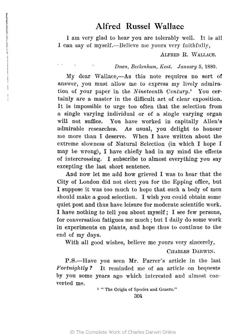 Marchant, James ed. 1916. Alfred Russel Wallace letters and reminiscences.  London: Cassell. Volume 1.