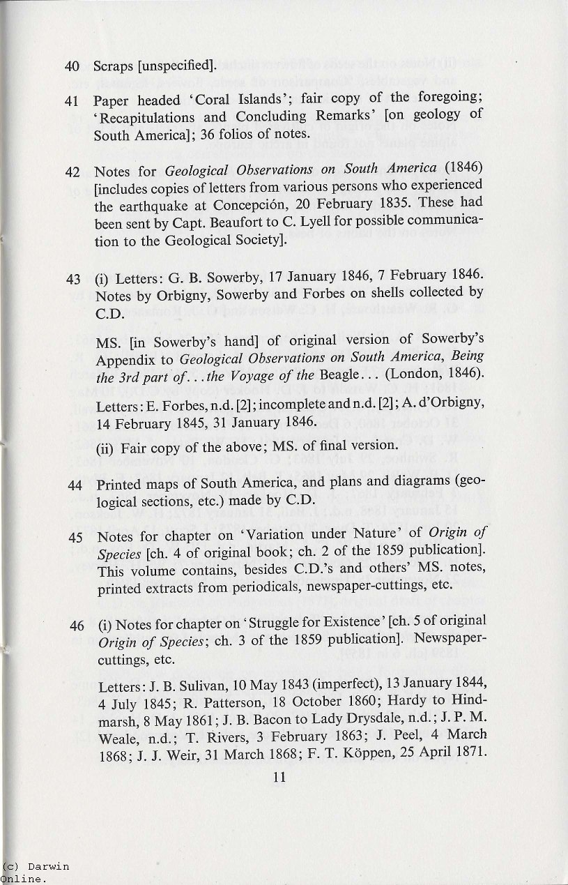 Origin Of Species Ch 18 1960. Handlist of Darwin papers at the University Library Cambridge.  Cambridge: Cambridge University Press.
