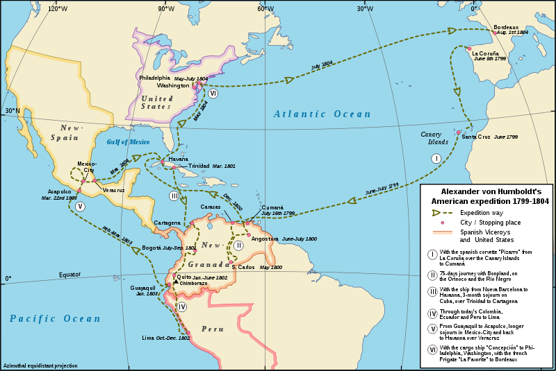 Map of Humboldt's travels from Wiki Commons