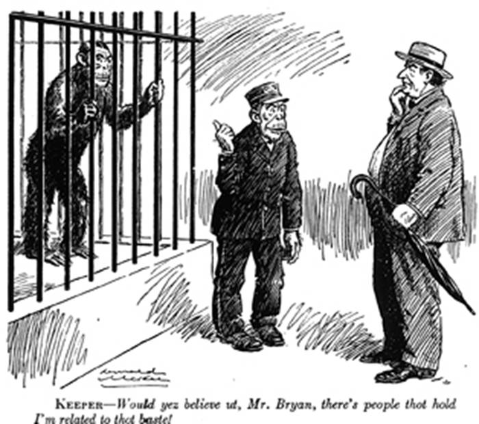 Cartoon of a monkey behind bars looking at a person in a suit  