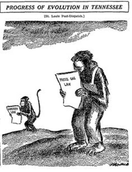 This may contain: a monkey is holding a sign while another monkey holds a sign that says progress of evolution in tennessee