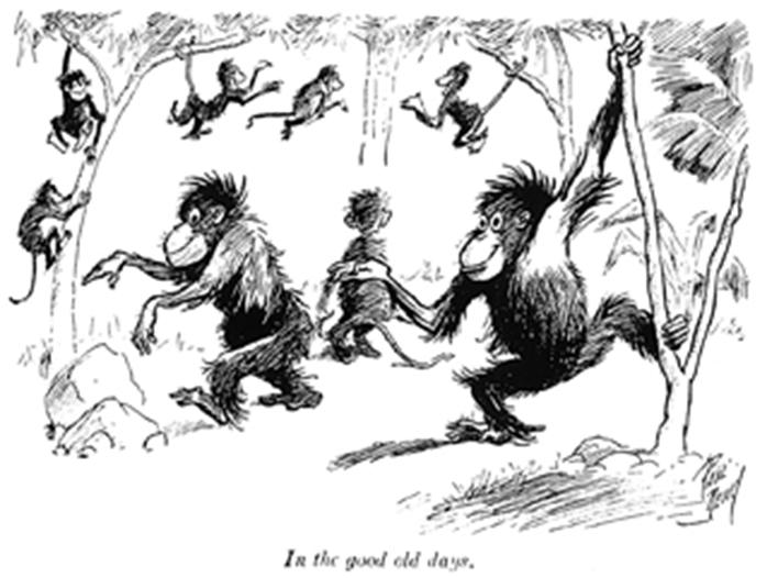 A cartoon of monkeys running in the woods  