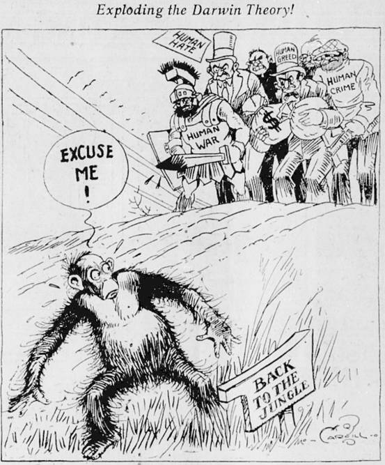 A cartoon of a monkey being held up by a group of men  