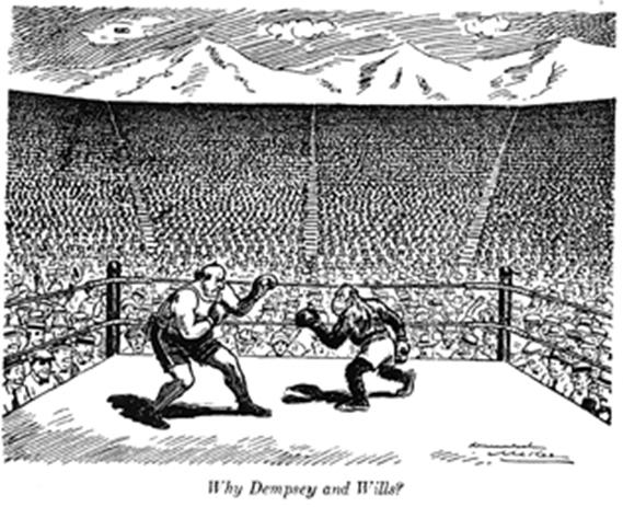 A cartoon of two men boxing in a ring  