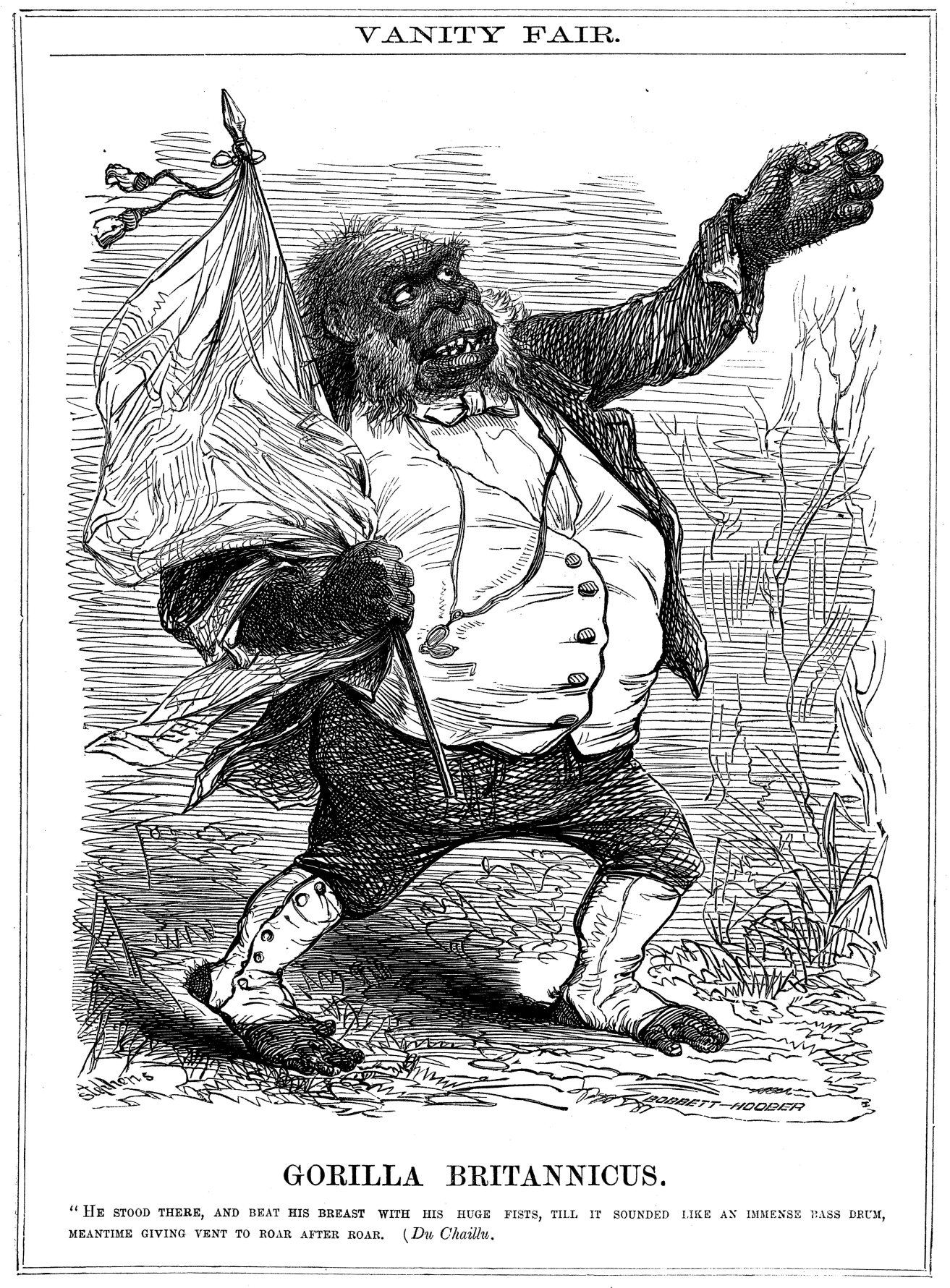 A cartoon of a gorilla holding a flag  