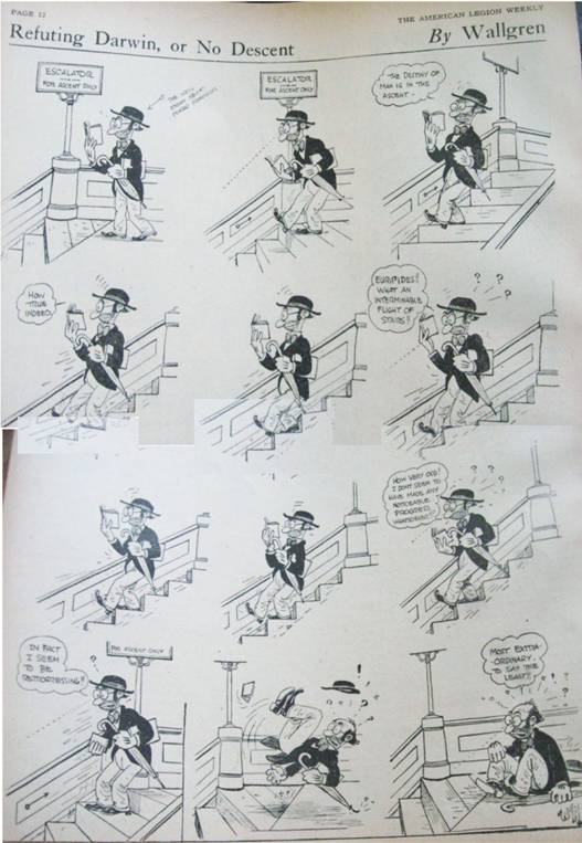 A comic strip of a person walking up stairs  