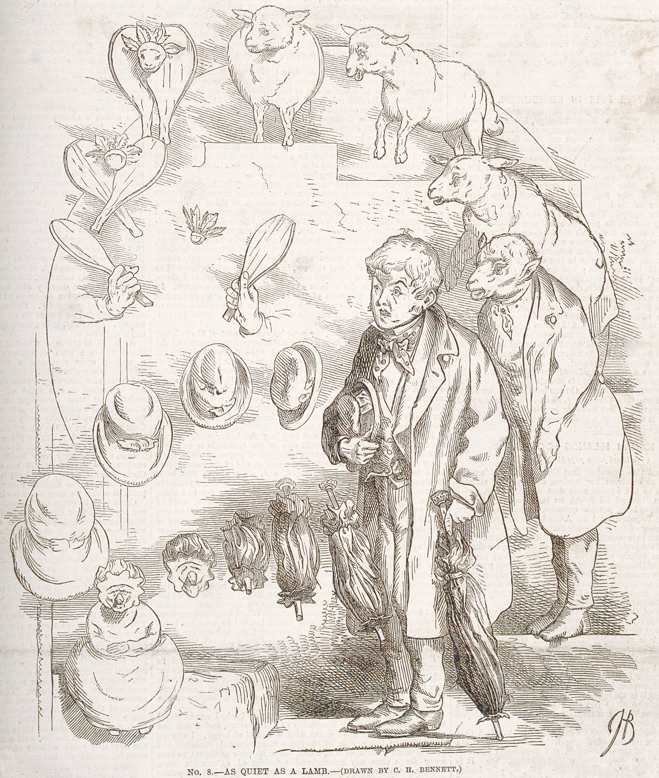 A drawing of a person standing next to several animals