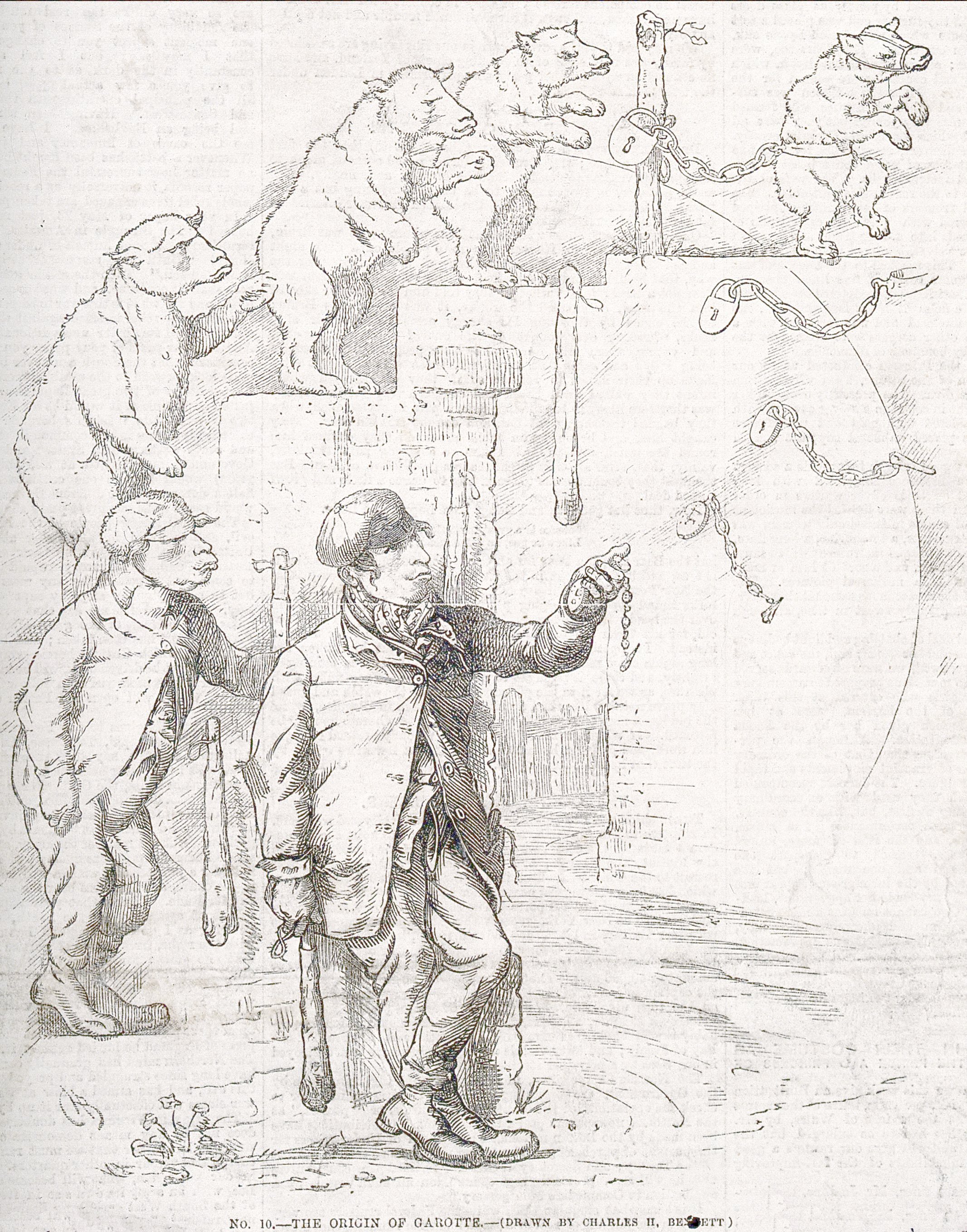 A drawing of a person with monkeys