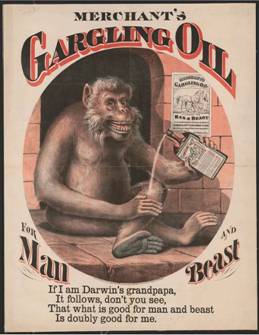 A poster of a monkey spraying a bottle of oil