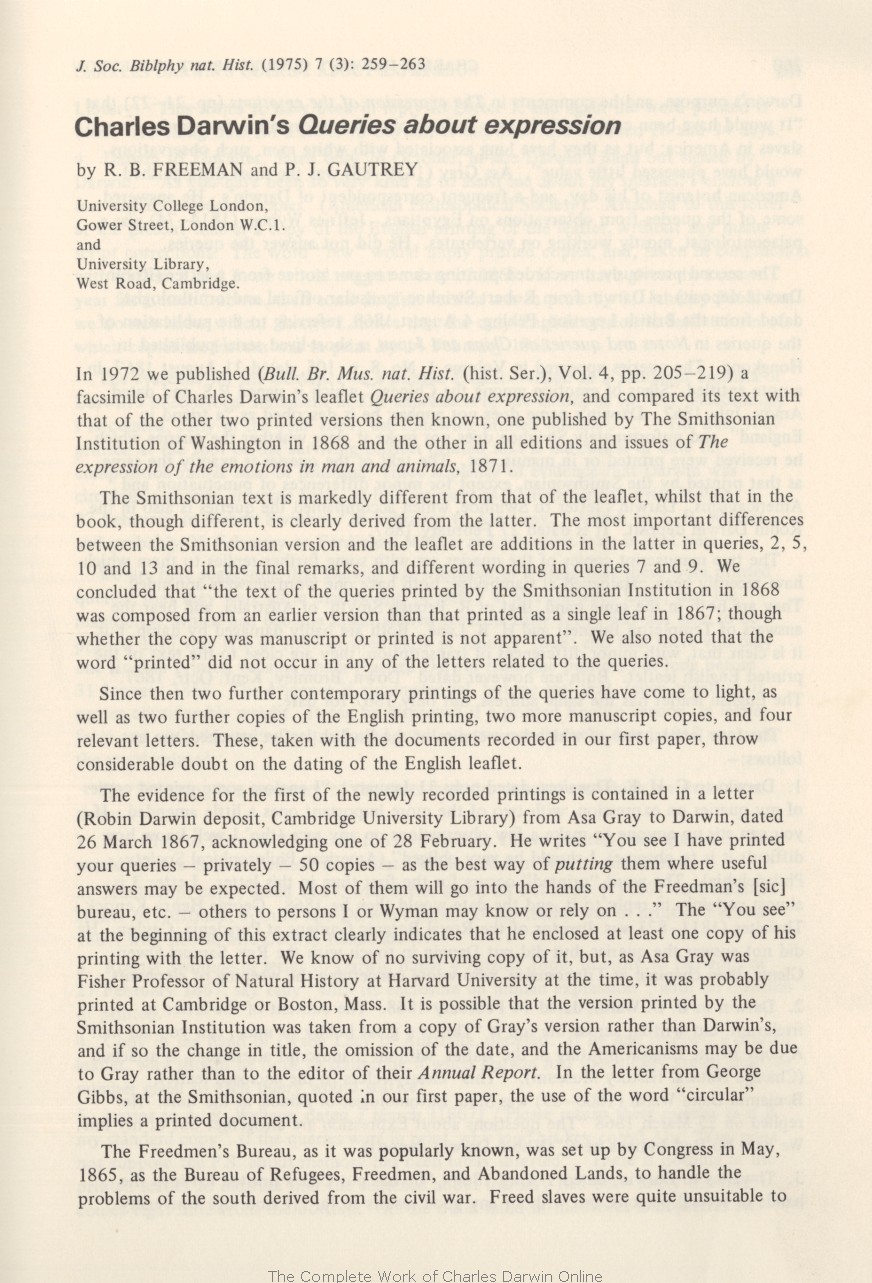 Freeman, R. B. and P. J. Gautrey. 1975. Charles Darwin&rsquo;s Queries 